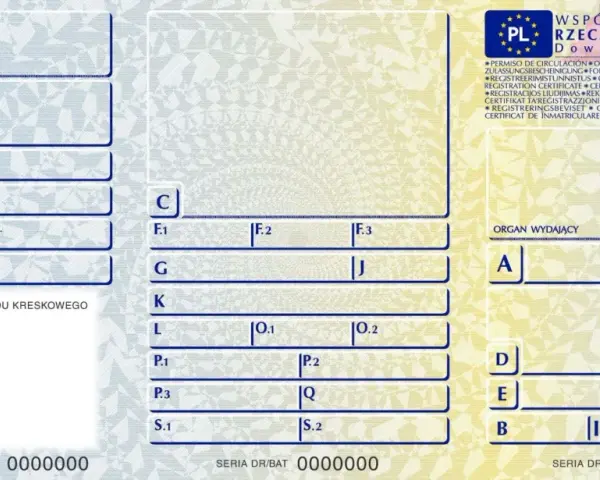 Dowód rejestracyjny z oznaczeniami pojazdu, jego przeznaczenia i danych technicznych. Widoczne pola na wpisanie numerów i dat.