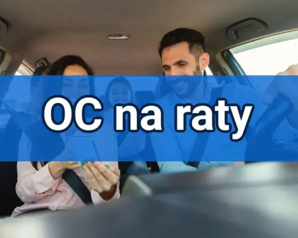 Rodzina w samochodzie, uśmiechnięta, z napisem "OC na raty". Dowiedz się, co ile płaci się OC.