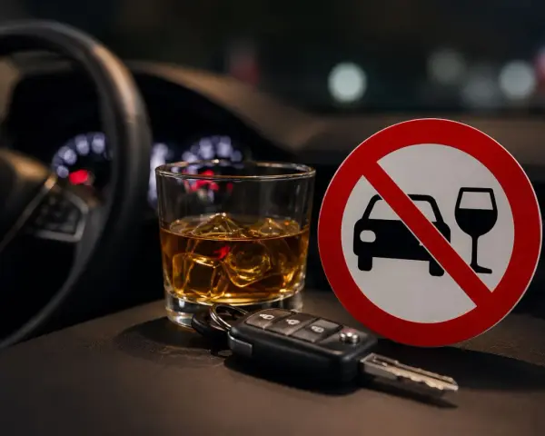 Kary za jazdę po alkoholu są surowe. Na zdjęciu kluczyki do auta, szklanka z whisky i znak zakazu prowadzenia pojazdów po spożyciu alkoholu.