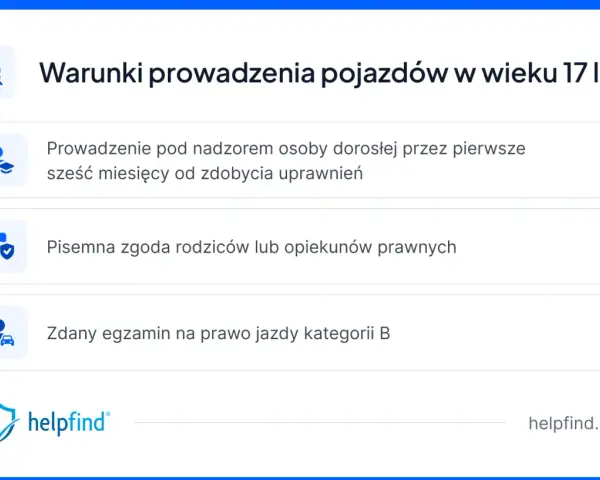 Warunki prowadzenia pojazdów w wieku 17 lat: nadzór, zgoda rodziców i zdany egzamin na prawo jazdy.