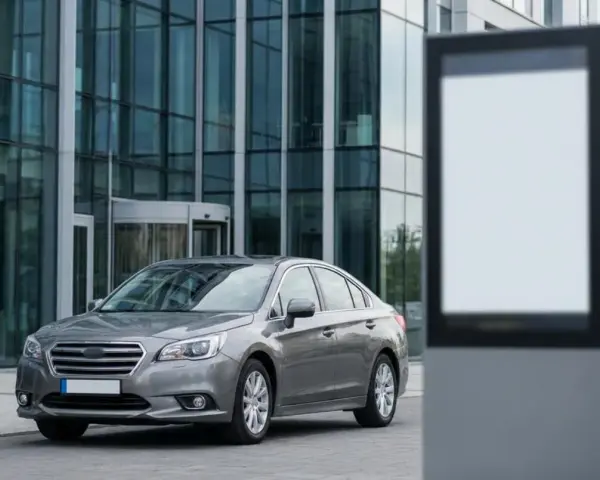 Szary sedan przed nowoczesnym budynkiem. Czy można zarejestrować samochód online? Pusta tablica reklamowa obok.