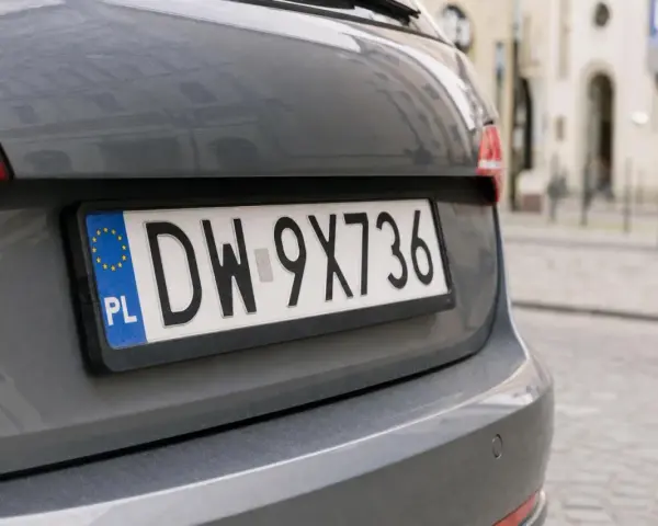 Polskie tablice rejestracyjne województwa z numerem DW-9X736 na szarym samochodzie.