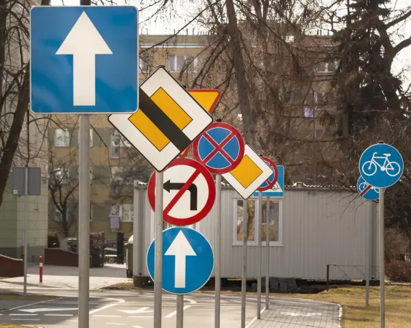 Mnóstwo znaków drogowych, w tym zakaz skrętu w lewo, nakaz jazdy prosto i ścieżka rowerowa. System rozpoznawania znaków drogowych miałby tu pełne ręce roboty.