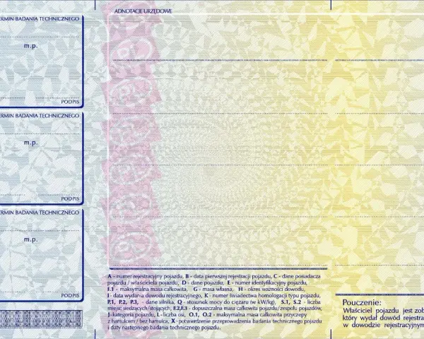 Sekcje na dowodzie rejestracyjnym pojazdu, gdzie wpisuje się daty badań technicznych. Wpis "X" oznacza potwierdzenie badania, a pola na datę i podpis wskazują na koniec dowodu rejestracyjnego.