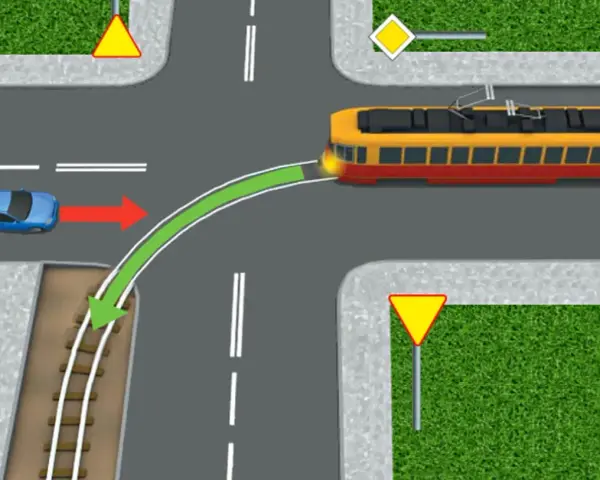 Sytuacja na skrzyżowaniu: niebieski samochód skręca, a tramwaj, który nie ma pierwszeństwa, zbliża się z prawej strony.