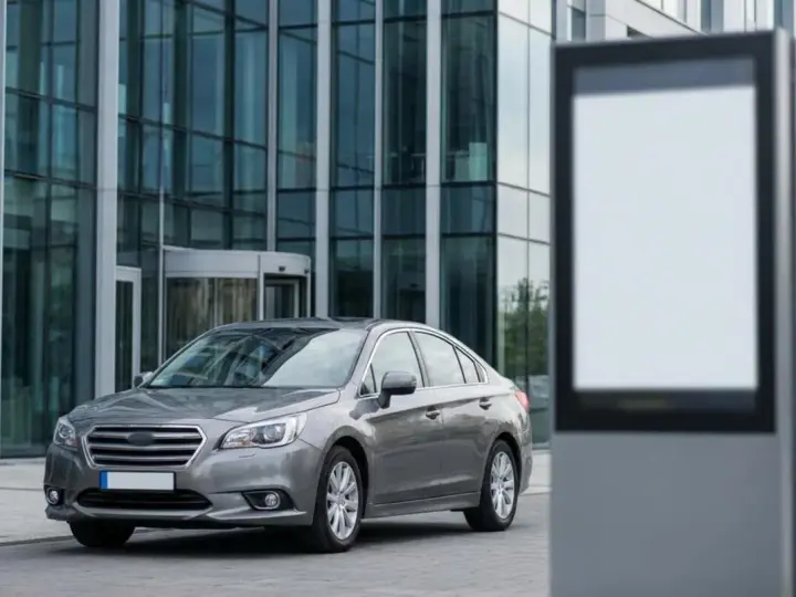 Szary sedan przed nowoczesnym budynkiem. Czy można zarejestrować samochód online? Pusta tablica reklamowa obok.