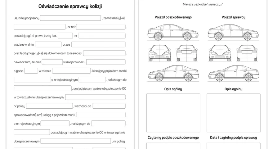 Oświadczenie sprawcy szkody parkingowej, zawierające dane kierowcy, pojazdu i opis zdarzenia.