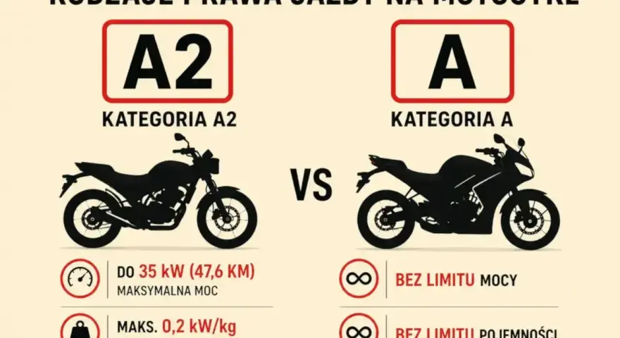 Porównanie kategorii A2 i A prawa jazdy na motor. A2: do 35 kW mocy, A: bez limitu mocy i pojemności.
