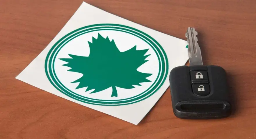 Zielony listek na samochodzie, symbol natury, obok kluczyka do auta.