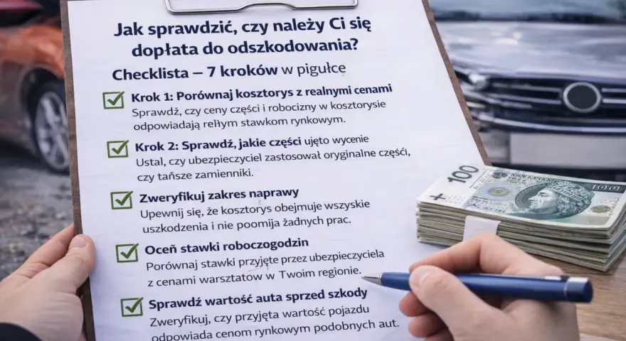 Checklista do wypłaty odszkodowania na podstawie kosztorysu. Porównaj ceny części i robocizny, zweryfikuj zakres naprawy i oblicz dopłatę.