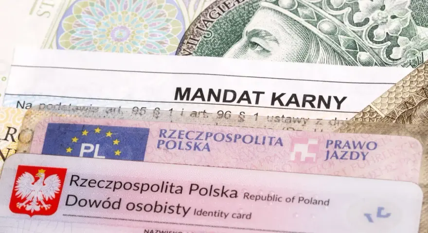 Mandat karny, prawo jazdy i dowód osobisty na tle banknotów. Czy to zapowiedź najtrudniejszych pytań na prawo jazdy?