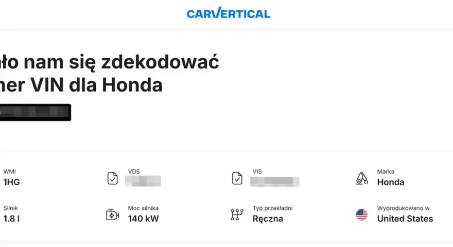 Jak sprawdzić wyposażenie auta po VIN? Wyniki dekodowania numeru VIN dla Hondy: silnik 1.8l, 140 kW, skrzynia ręczna, produkcja USA.
