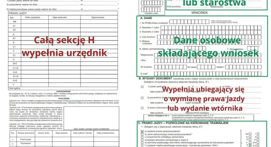 Wniosek o wydanie lub wymianę prawa jazdy, gdzie dane urzędu lub starostwa, dane osobowe składającego wniosek oraz informacje o wydanym dokumencie są kluczowe.