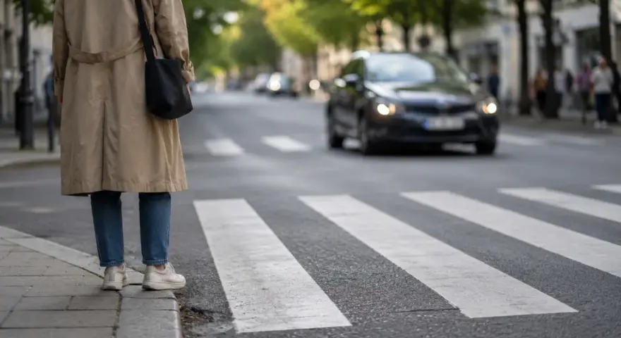 Osoba czeka na chodniku przy pasach. Samochód zbliża się do przejścia, ale czy pieszy zbliżający się do przejścia ma pierwszeństwo?
