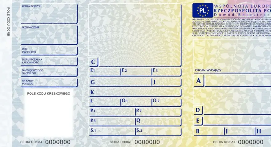 Dowód rejestracyjny z oznaczeniami pojazdu, jego przeznaczenia i danych technicznych. Widoczne pola na wpisanie numerów i dat.