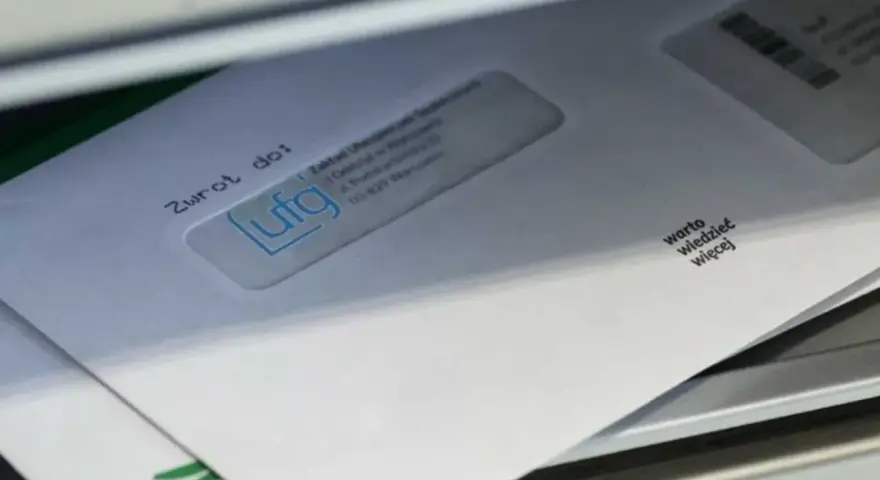 Koperta zwrotna do UFG, z adresem i hasłem "warto wiedzieć więcej". Może to być wezwanie do zapłaty lub informacja o karze UFG.