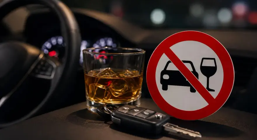 Kary za jazdę po alkoholu są surowe. Na zdjęciu kluczyki do auta, szklanka z whisky i znak zakazu prowadzenia pojazdów po spożyciu alkoholu.
