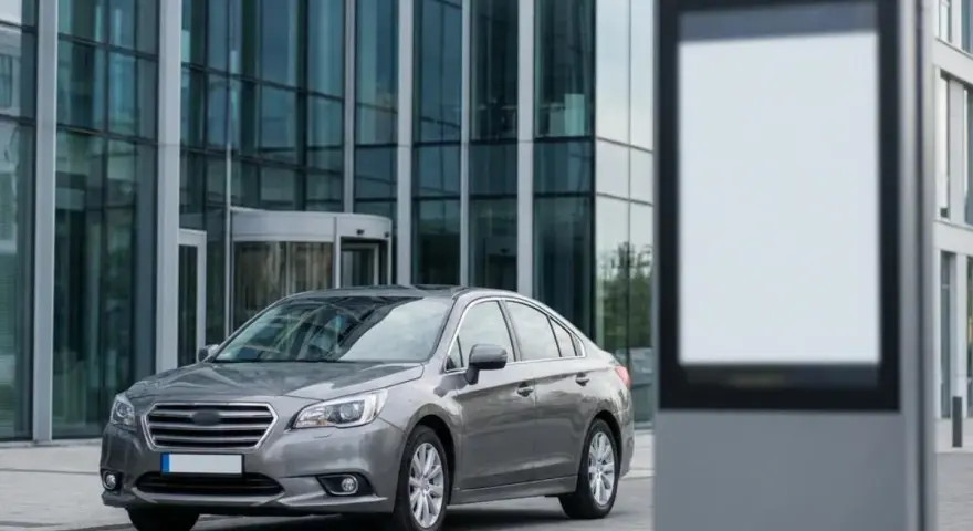 Szary sedan przed nowoczesnym budynkiem. Czy można zarejestrować samochód online? Pusta tablica reklamowa obok.