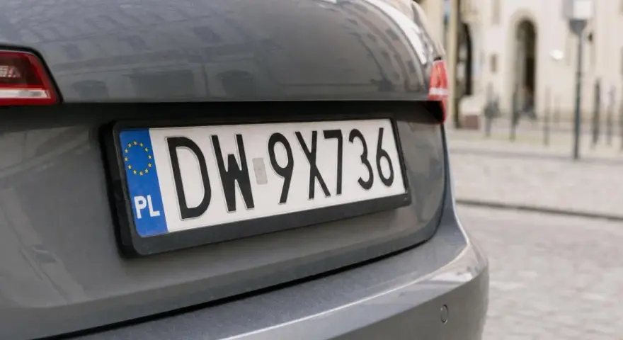 Polskie tablice rejestracyjne województwa z numerem DW-9X736 na szarym samochodzie.