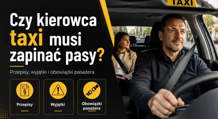 Kierowca taxi zapina pasy, podobnie jak pasażerka z tyłu. Grafika pyta, czy kierowca taxi musi zapinać pasy, prezentując przepisy i obowiązki.