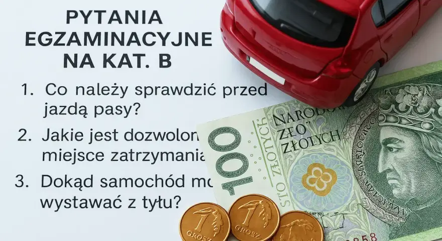 Pytania egzaminacyjne na kat. B, czerwony samochodzik, banknot 100 zł i grosze. Zastanawiasz się, ile teraz kosztuje prawo jazdy?