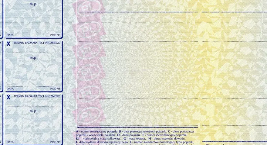 Sekcje na dowodzie rejestracyjnym pojazdu, gdzie wpisuje się daty badań technicznych. Wpis "X" oznacza potwierdzenie badania, a pola na datę i podpis wskazują na koniec dowodu rejestracyjnego.