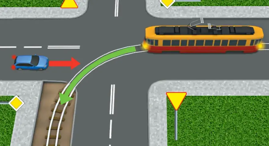 Sytuacja na skrzyżowaniu: niebieski samochód skręca, a tramwaj, który nie ma pierwszeństwa, zbliża się z prawej strony.