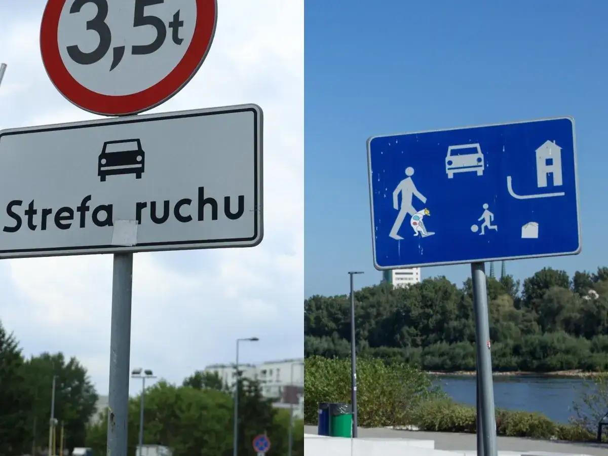 Znak strefa zamieszkania z ikonami pieszych, samochodu i domu. Obok znak ograniczenia tonażu 3,5t.