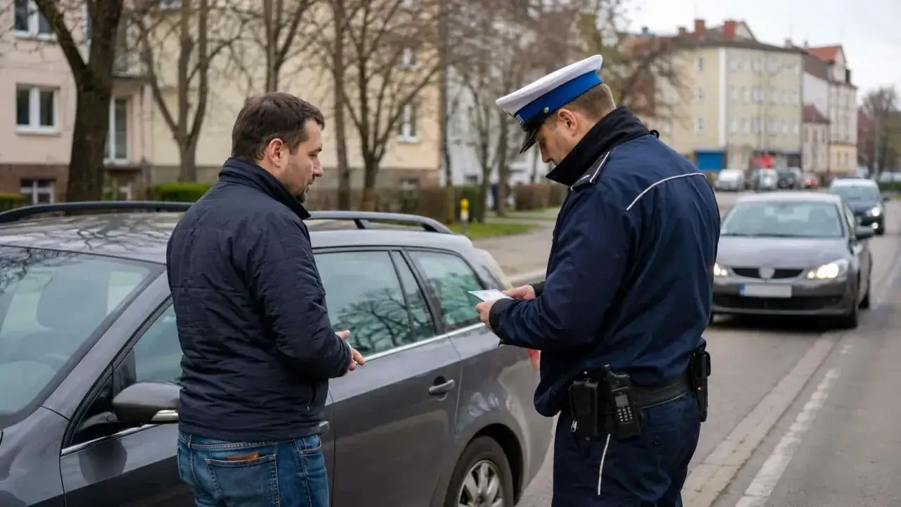 Policjant sprawdza dokumenty kierowcy, który może obawiać się zabrania prawa jazdy.