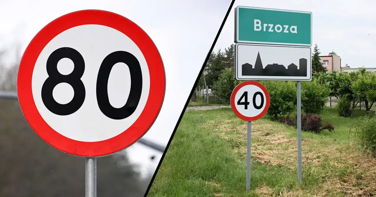Znak ograniczenia prędkości 80 km/h i znak miejscowości Brzoza z ograniczeniem 40 km/h.