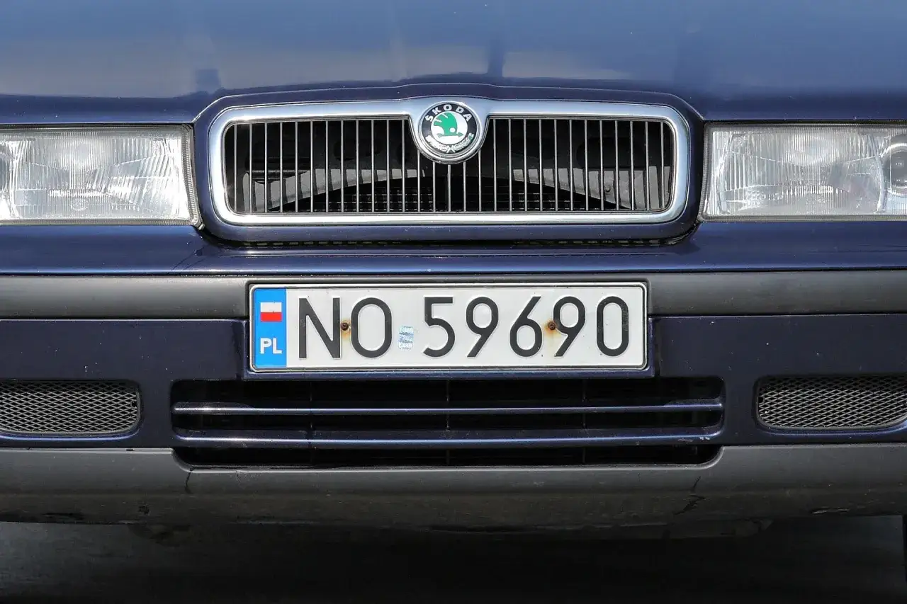 Rejestracja NO 59690. Czy to Nowy Sącz? Zbliżenie na grill i tablicę rejestracyjną Skody.