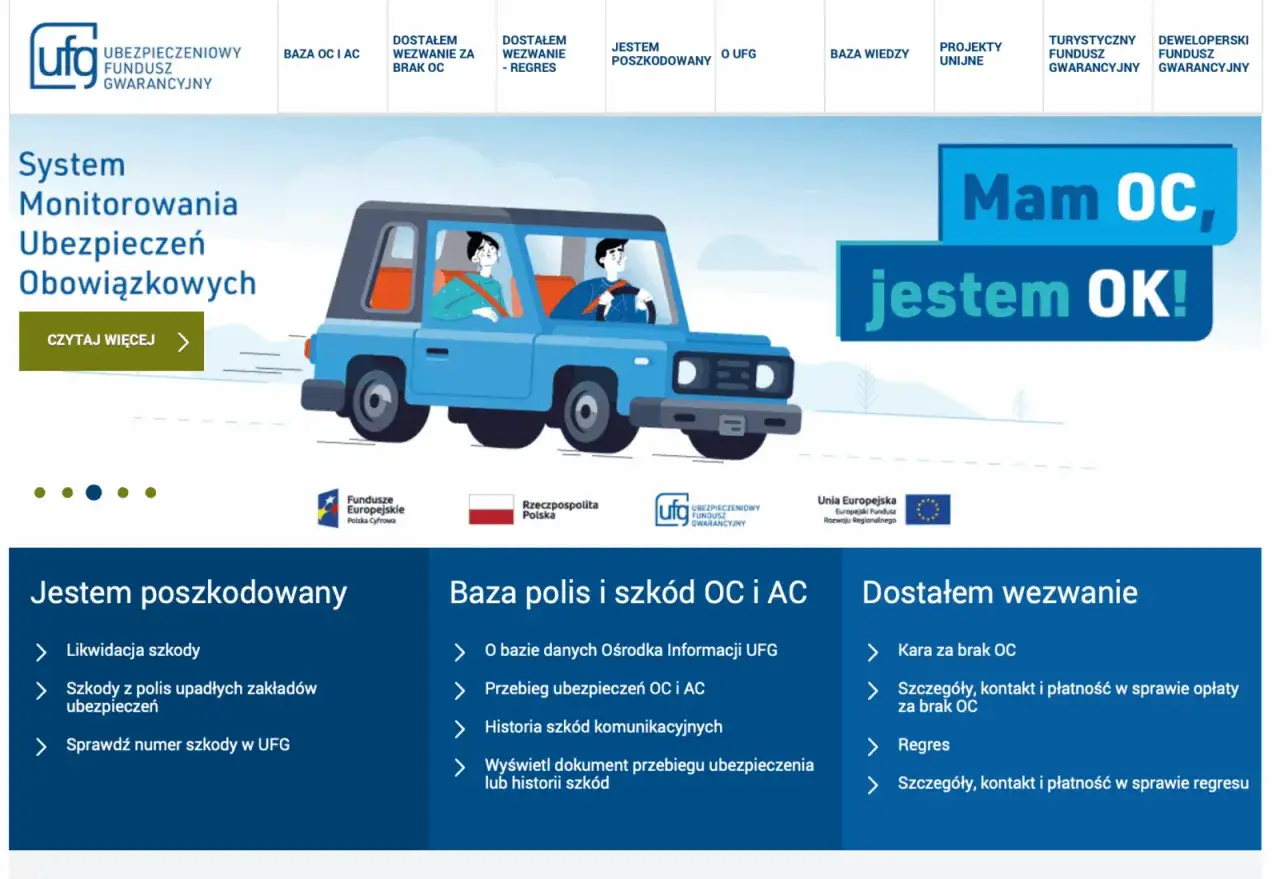 Strona UFG: system monitorowania ubezpieczeń, informacja o karach za brak OC i regresie.