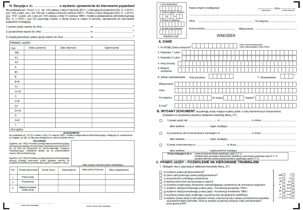 Formularz wniosku o wydanie uprawnień do kierowania pojazdami. Pytanie: czy można zarejestrować samoch&oacute;d bez prawa jazdy?