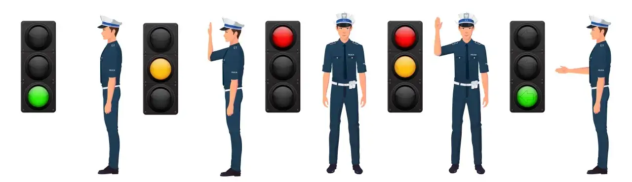 Policjant kierujący ruchem pokazuje sygnały: zielone światło, żółte, czerwone, stop, zieloną strzałkę w lewo.