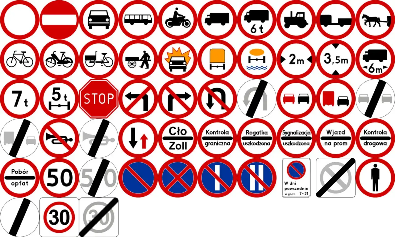 Znaki drogowe: zakaz wjazdu, stop, ograniczenia prędkości, zakaz zawracania, zakaz wjazdu pod zakaz.
