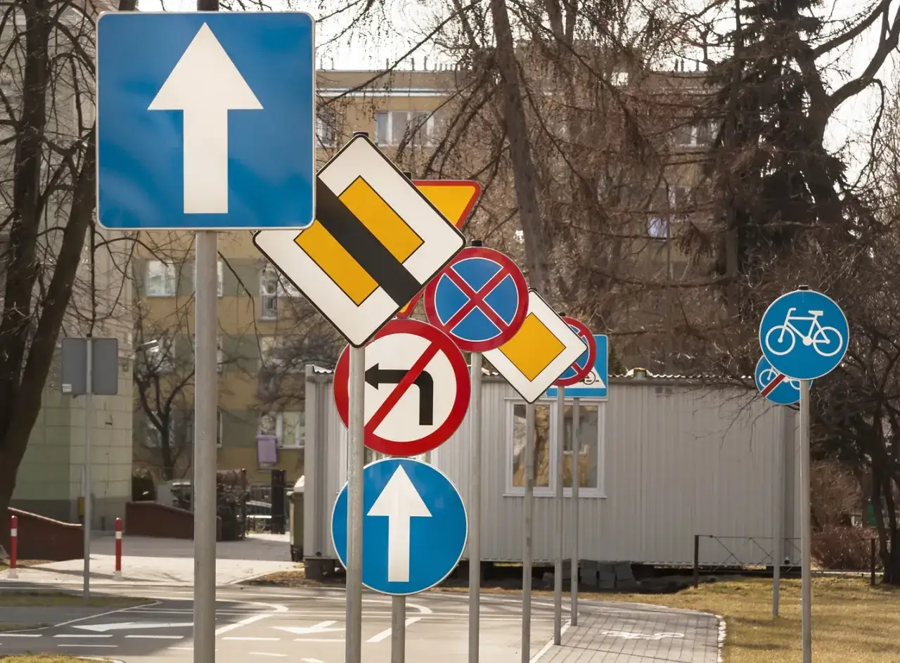 Mnóstwo znaków drogowych, w tym zakaz skrętu w lewo, nakaz jazdy prosto i ścieżka rowerowa. System rozpoznawania znaków drogowych musiałby przetworzyć ten gąszcz.