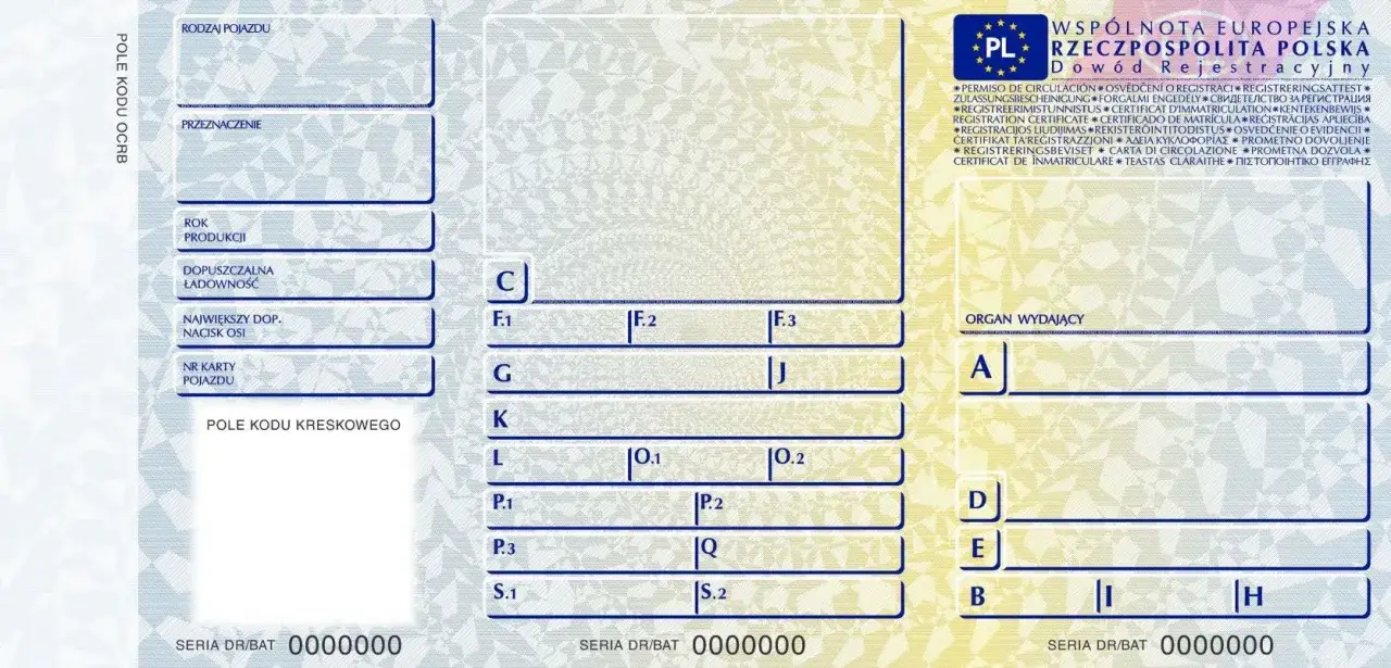 Fragment dowodu rejestracyjnego pojazdu z polskimi i europejskimi oznaczeniami. Widoczne pola: Rodzaj pojazdu, Przeznaczenie, Rok produkcji, Dopuszczalna ładowność, Największy dop. nacisk osi, Nr karty pojazdu, Organ wydający. Koniec dowodu rejestracyj...