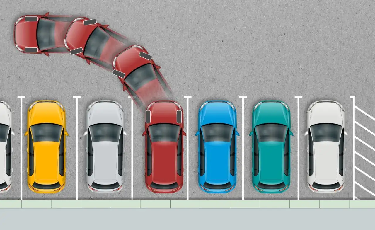 Ilustracja pokazuje sekwencję manewr&oacute;w parkowania r&oacute;wnoległego przodem. Czerwony samoch&oacute;d wjeżdża tyłem na miejsce parkingowe.