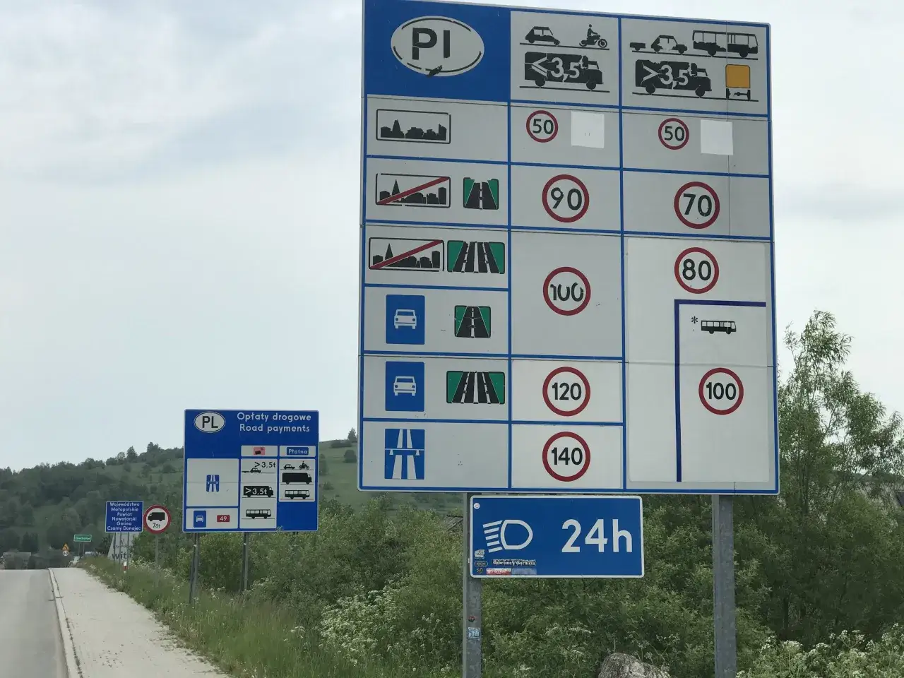 Znaki drogowe w Polsce informują, ile można jechać na autostradzie. Widoczne są ograniczenia prędkości dla różnych pojazdów i informacje o opłatach.