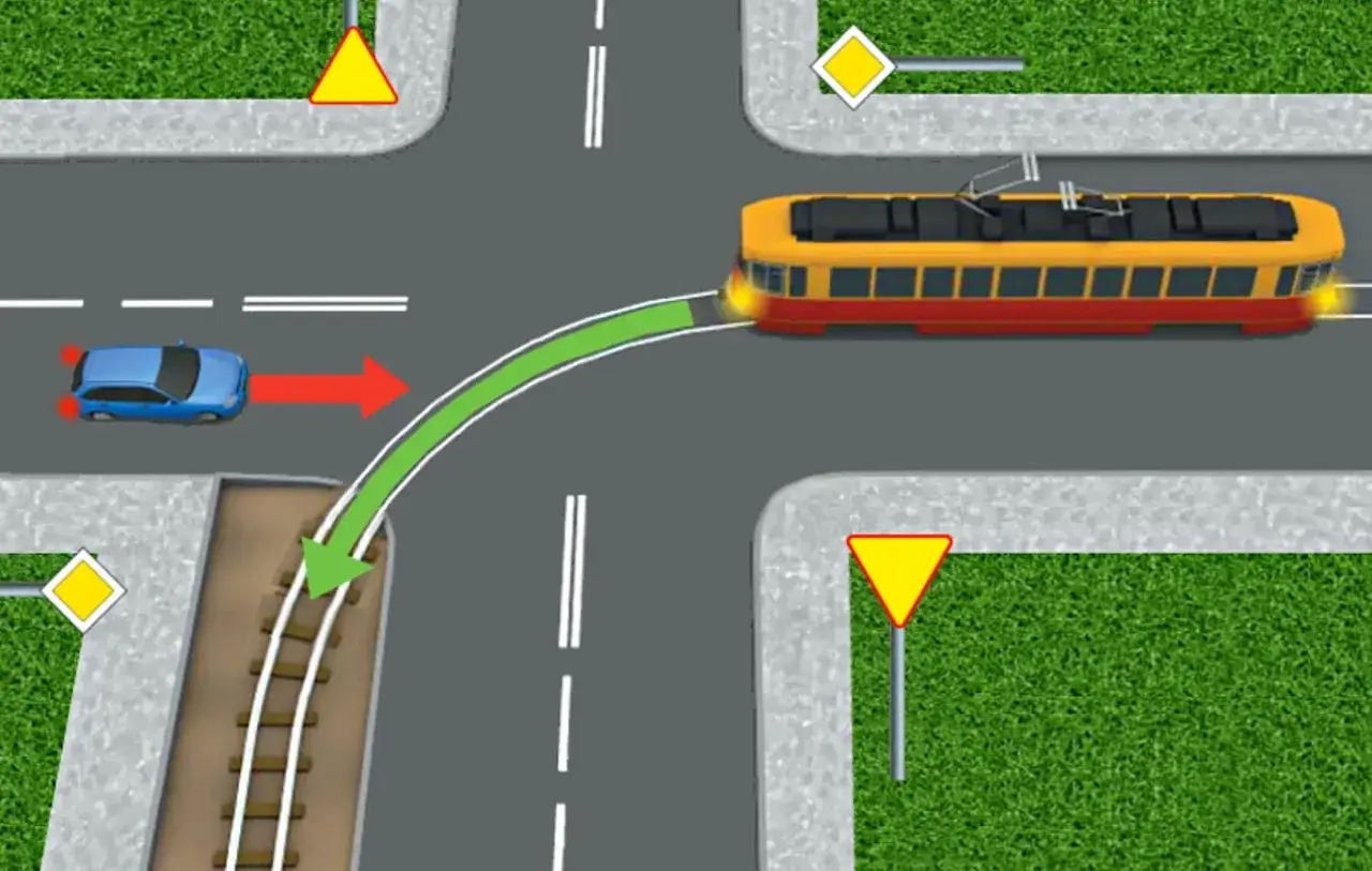 Sytuacja na skrzyżowaniu: niebieski samochód skręca w lewo, a żółto-czerwony tramwaj jedzie prosto. Kiedy tramwaj nie ma pierwszeństwa, kierowca musi ustąpić.