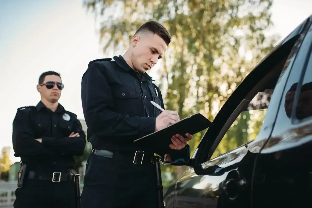 Dwóch policjantów przy samochodzie. Jeden spisuje notatki, drugi stoi z założonymi rękami. Czy trzeba mieć przy sobie dowód rejestracyjny?