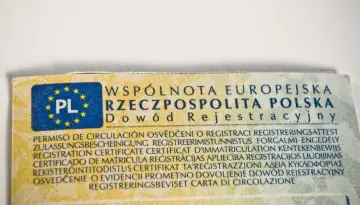 Fragment dowodu rejestracyjnego z oznaczeniem PL i tekstem w wielu językach, w tym "Dowód Rejestracyjny".