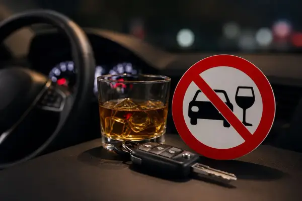 Kary za jazdę po alkoholu są surowe. Na zdjęciu kluczyki do auta, szklanka z whisky i znak zakazu prowadzenia pojazdów po spożyciu alkoholu.
